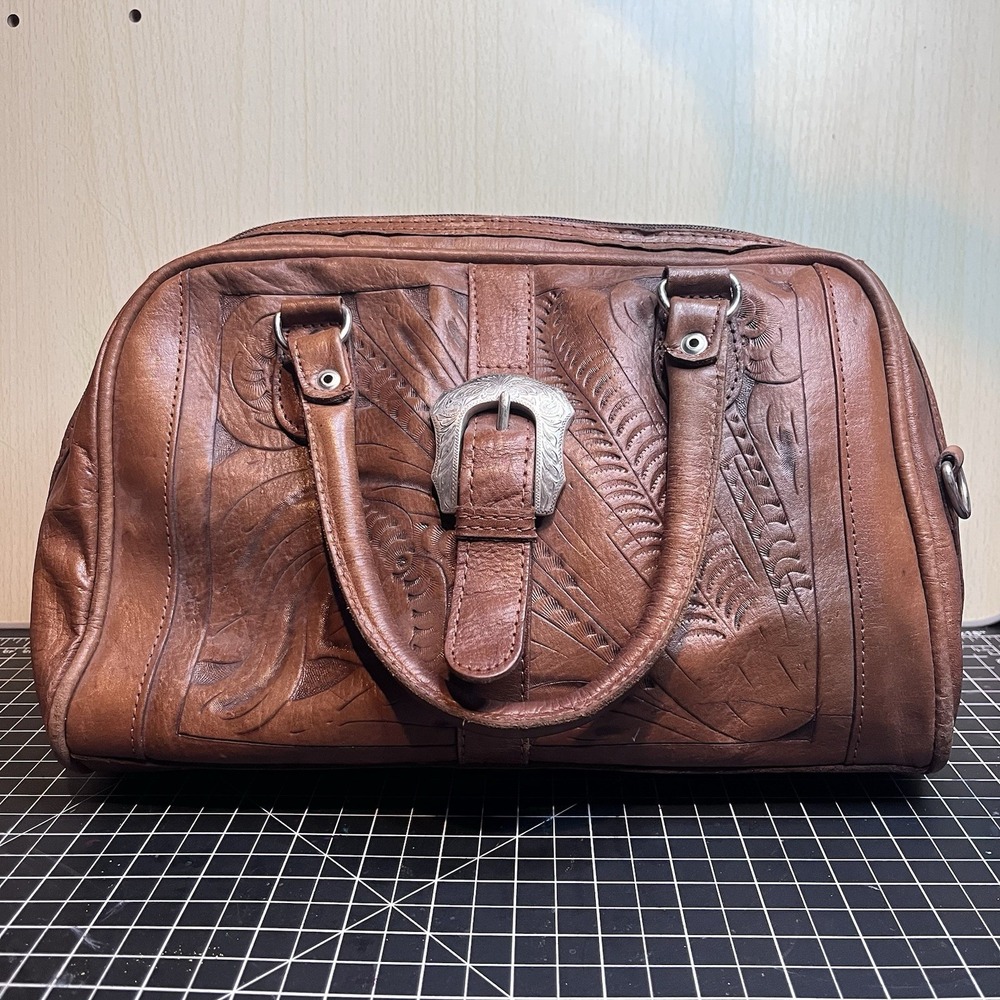 Vintage Force Ten Classic Leather Tooled Handbag Handmade in Paraguay